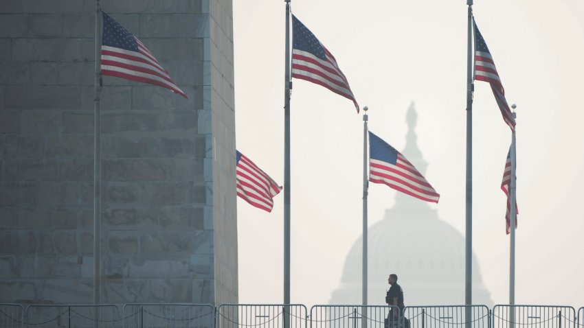 WASHINGTON, DC – JUNE 29: Wildfire smoke casts a haze over the National Mall on June 29, 2023 in Washington, DC. The Washington DC region is under a “Code Red” air quality alert today due to smoke from Canadian wildfires. (Photo by Drew Angerer/Getty Images)